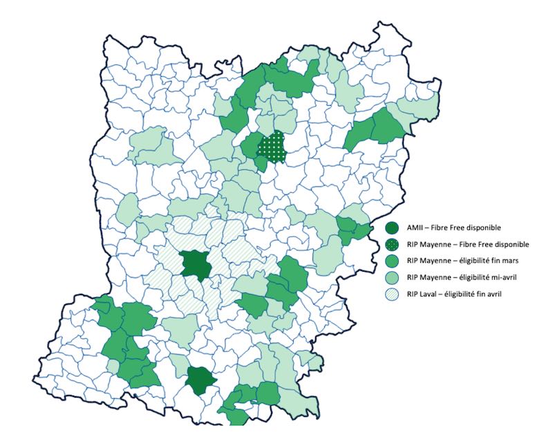 carte de déploiement de la Freebox Fibre en Mayenne